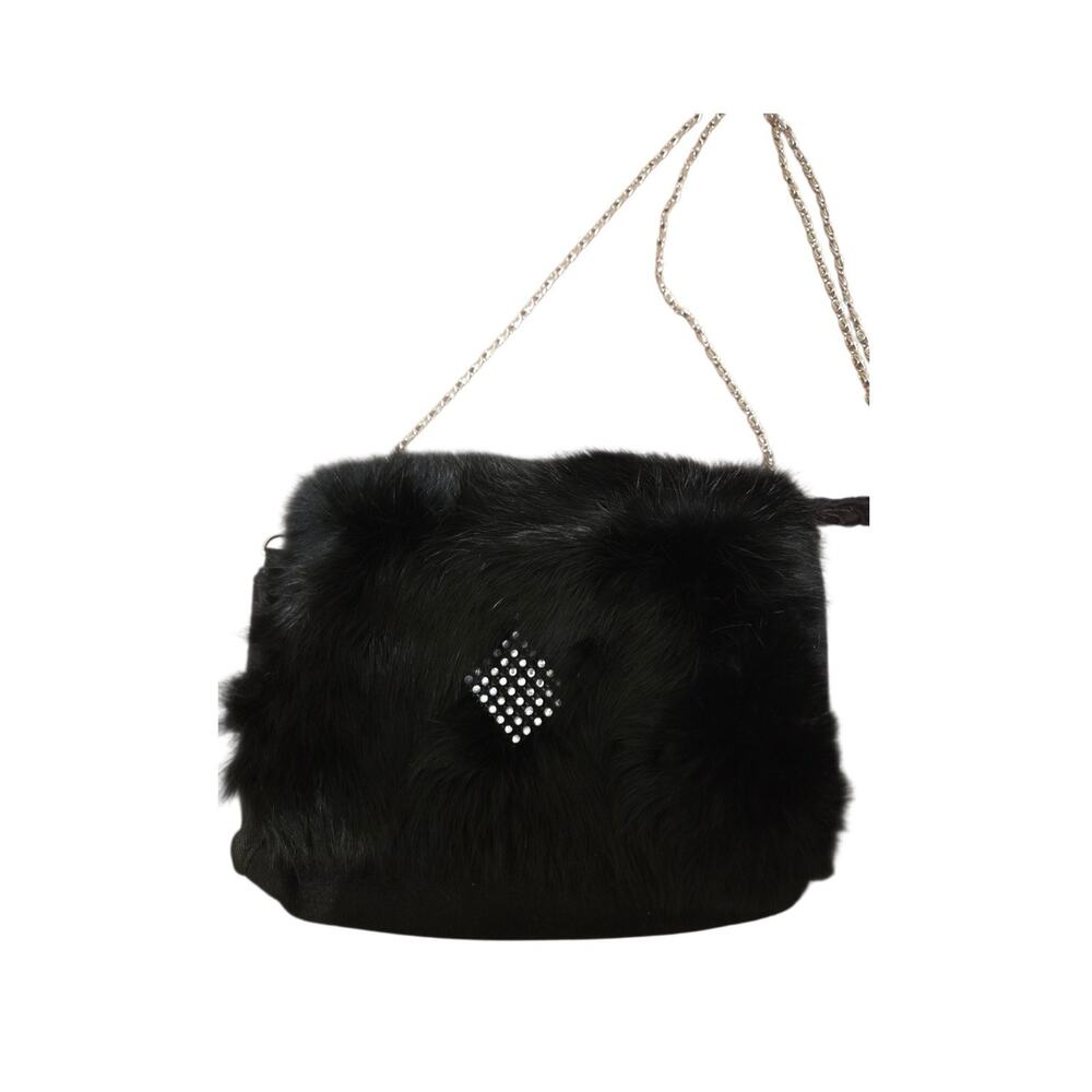 Vintage Black Rabbit Fur Rhinestone Evening Shoulder Bag Chain Strap Purse